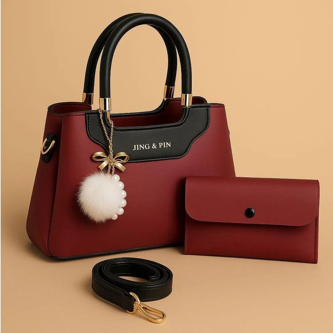 Premium 'JING & PIN' Ladies Handbag Collection - Luxury 3-in-1 Set with Clutch & Shoulder Strap